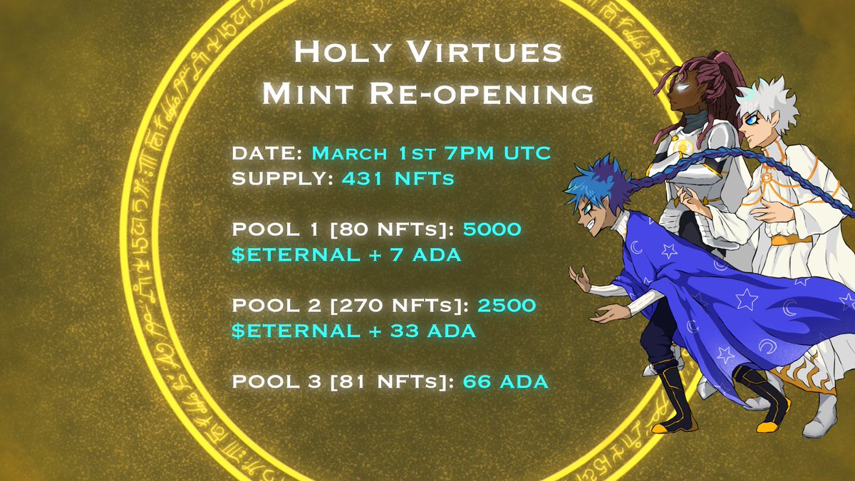 EternalsGame's tweet photo. 𝐌𝐈𝐍𝐓 𝐑𝐄𝐎𝐏𝐄𝐍𝐈𝐍𝐆 🪽
March 1st @ 7pm UTC

We invite all to mint a Holy Virtue and prepare to embark on our journey to create ETERNALS: Rise of the Overworld (ROTO)! 😈⚔️😇
#Web3Gaming #Cardano #NFTGaming https://t.co/pQlqDaaMgT
