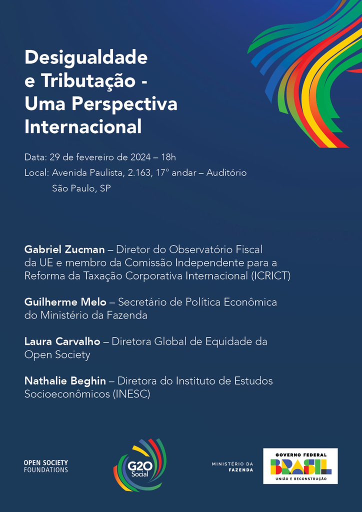 Como parte da programação do G20 social na semana que vem em São Paulo, vamos discutir tributação e desigualdade com o @gabriel_zucman, @GuilSMello e a @nathalie_beghin. Para quem quiser se inscrever, o link é docs.google.com/forms/d/1E1FHM…
