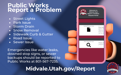 MidvaleCity's tweet photo. Utilize the "Report a Problem" system! Managed by Public Works, it offers an easy way to report issues via https://t.co/zrwO5LiL4Y. Emergency? Call 801-567-7235. Let's collaborate for a better community! https://t.co/Dy1S0jq4ww

#MidvaleCity #ReportAProblem https://t.co/omxGBfiIxD