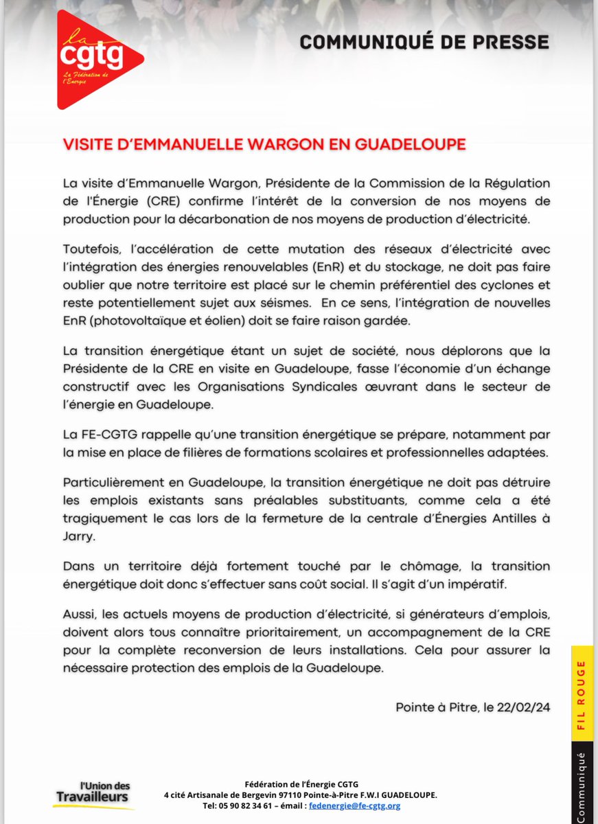 ⭕️ Visite d’Emmanuelle WARGON en Guadeloupe: Communiqué de Presse de la Fédération de l’Energie CGTG.