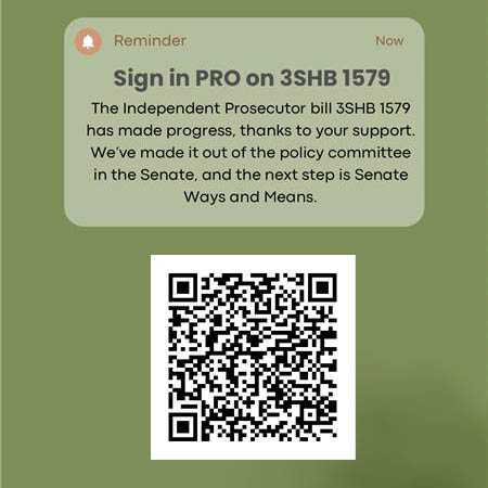 The Independent Prosecutor bill 3SHB 1579 has made progress, thanks to your support. We’ve made it out of the policy committee in the Senate - the next step is Senate Ways and Means. Hearing scheduled for Friday Feb 23 at 1:30 PM. 👉Sign in PRO: tinyurl.com/7cr8p3e2 #WaLeg