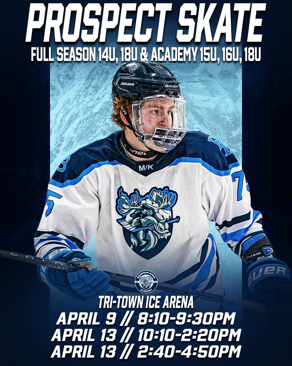nhmountainkings's tweet image. 🚨FULL SEASON &amp;amp; ACADEMY PROSPECT SKATE🚨

On April 9th &amp;amp; 13th we will be hosting a Full Season &amp;amp; Academy prospect skate which will be held at Tritown Arena 🏒

April 9th // 8:10-9:30pm
April 13th // 10:00-5:00pm

Click the link below to register 👇️👇️
docs.google.com/forms/d/e/1FAI…