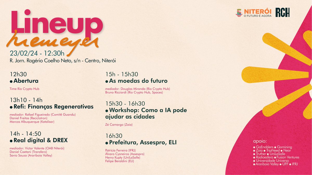 🚀 This is the schedule for Rio Crypto Hub, Niterói Edition! 🌟 Get ready to dive into a journey of discovery, learning, and connections in the world of cryptocurrencies and blockchain technology. Check out what we have prepared for you!
