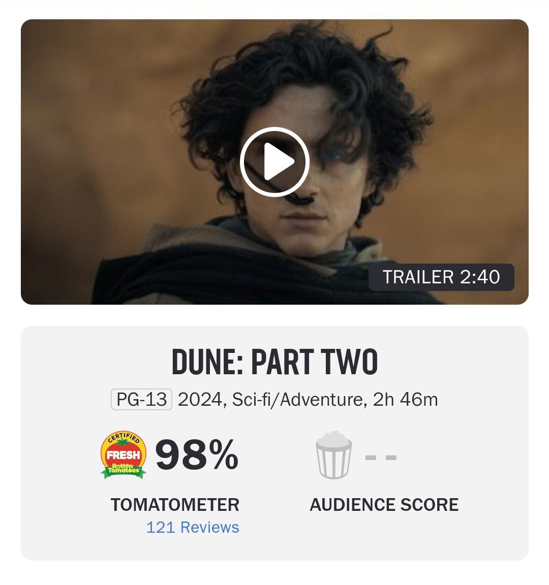 The rotten tomatoes score for ‘Dune : Part Two’ has increased to an impressive 98%.