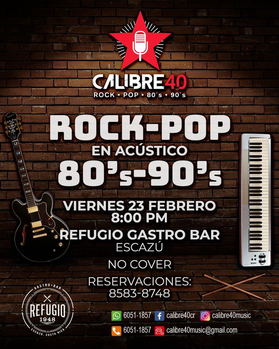 Calibre40CR's tweet photo. ¡Lléguense este viernes 23 de febrero a partir de las 8:00 PM a Refugio Gastro Bar en Escazú!

Éxitos de los 80’s, 90’s y más en versión acústica, ¡no se lo pierdan! https://t.co/FKJtonPGKs