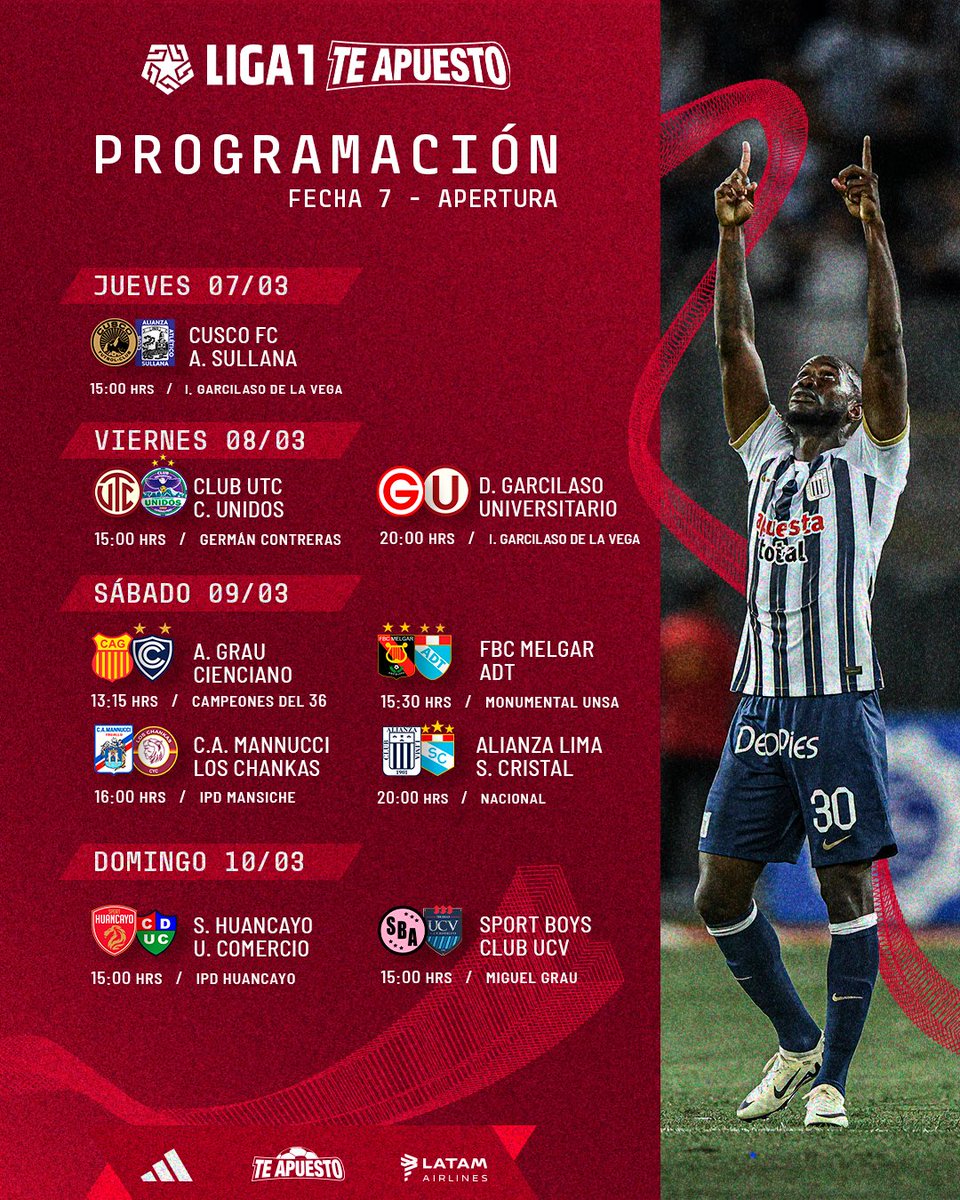 ☑️ 𝐏𝐫𝐨𝐠𝐫𝐚𝐦𝐚𝐜𝐢𝐨́𝐧 - 𝐅𝐞𝐜𝐡𝐚 𝟕 𝐀𝐩𝐞𝐫𝐭𝐮𝐫𝐚 

#Liga1TeApuesto 
#ElADNdelHincha