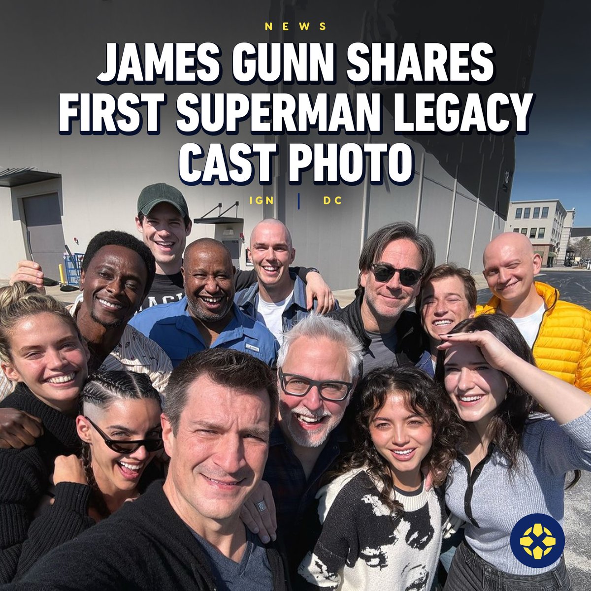 IGN's tweet image. Superman Legacy director James Gunn posted the first full photo of the cast together, which includes an exciting first look at Nicholas Hoult, who will play Lex Luthor, with a shaved head. bit.ly/49r8Yhi