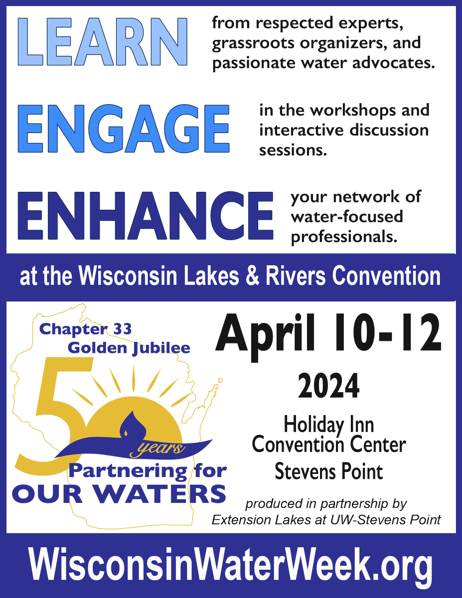 Curious about how you can make a difference in Green Lake? Join us at the Wisconsin Lakes & Rivers Convention from April 10-12 in Stevens Point! The GLA is sponsoring up to 2 volunteers to attend the event at no cost. For more info & to apply: taylor@greenlakeassociation.org