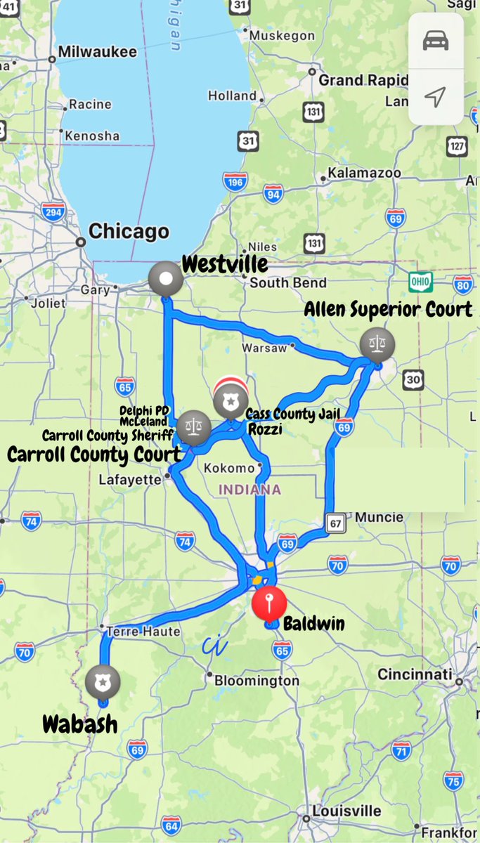theCatTastrophy's tweet photo. Just so we are clear—#JudgeGull doesn’t care who is where when #CarrollCounty is footing the bill. #delphi #CarrollCountyCourthouse to:
#AllenSuperiorCourt [107 miles - 1hr 52m|112min]
#NickMcLeland [800 feet - 1 minute]
#DelphiPolice [.2 miles - 2 minutes]
#CarrollCountySheriff [700 feet - 1 min]
#CassCountyJail [22 miles - 25 minutes] #WestvilleCorrectional [75 miles - 1hr 30m|90min]
#WabashCorrectional [150 miles - 2hr 45m|165min] 
#BradRozzi [22 miles - 28 minutes]
#AndrewBaldwin [105 miles - 1hr 49m|109min]

@AllenSuperiorCt to:
Cass [85 miles - 1hr 45m|105min] 
Westville [109 miles - 2hr 11m|131min]
Wabash [248 miles - 3hr 50m|230min]
Rozzi [80 miles - 1hr 32m|92min]
Baldwin [156 miles - 2hr 35m|155min]

Cass County Jail to:
Rozzi [150 feet - 1 minute]
Baldwin [110 miles - 2hr|120min]

+ 10 to 15 Road Warriors & Gas. Someone else can do the math on that. #RickAllen #JusticeforAbbyLibby
