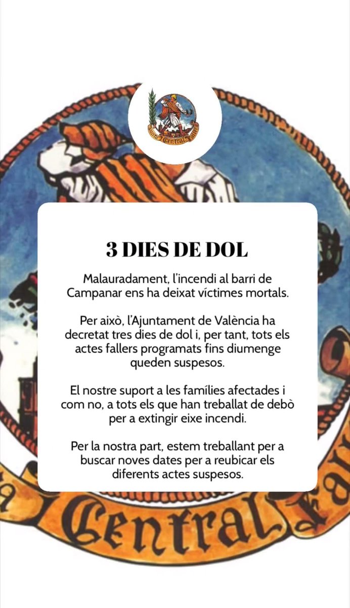 apuntnoticies's tweet photo. 🔴ÚLTIMA HORA | Tots els actes fallers previstos per a aquest cap de setmana queden ajornats per la declaració de tres dies de dol [@JCF_Valencia] 

Són la macrodespertà, l'Entrada de Bandes, la mascletà i la Crida 

Més informació➡️ https://t.co/WkvEVuO9EB https://t.co/12Q0uDI6La