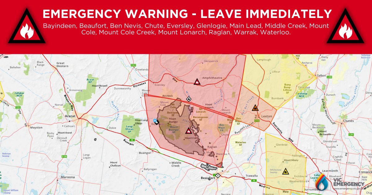 This Emergency Warning is being issued for Bayindeen, Buangor, Chute, Eversley, Glenlogie, Middle Creek, Mount Cole, Mount Lonarch, Raglan, Trawalla, Warrak, Eurambeen.

Leaving immediately is the safest option, before conditions become too dangerous. 

bit.ly/3T9fTpN