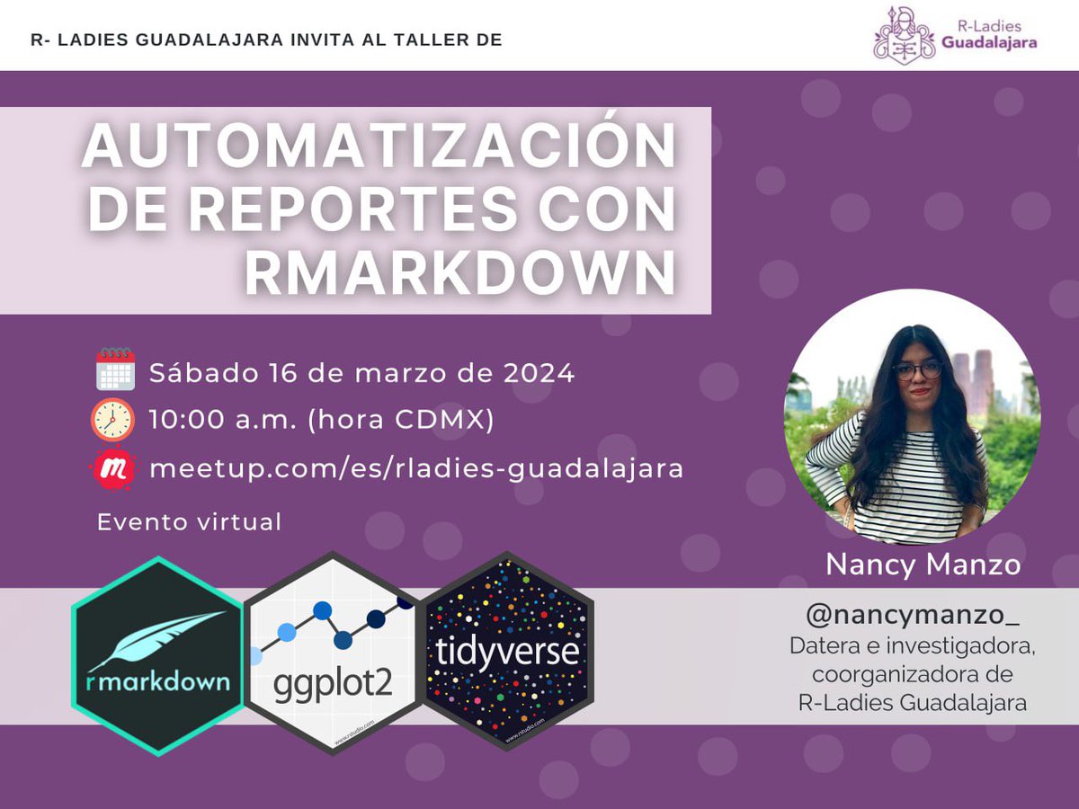 RLadiesGDL's tweet photo. 🚨¡Atención a todas las entusiastas del análisis de datos! 📊

Acompáñanos en nuestro taller donde aprenderemos juntas a crear reportes automatizados desde rmarkdown:

📅16 de marzo de 2024
⏰10:00 AM (hora CDMX)
💻Evento virtual

Confirma tu asistencia: https://t.co/rZzfDu6UII https://t.co/my8kLepjG1