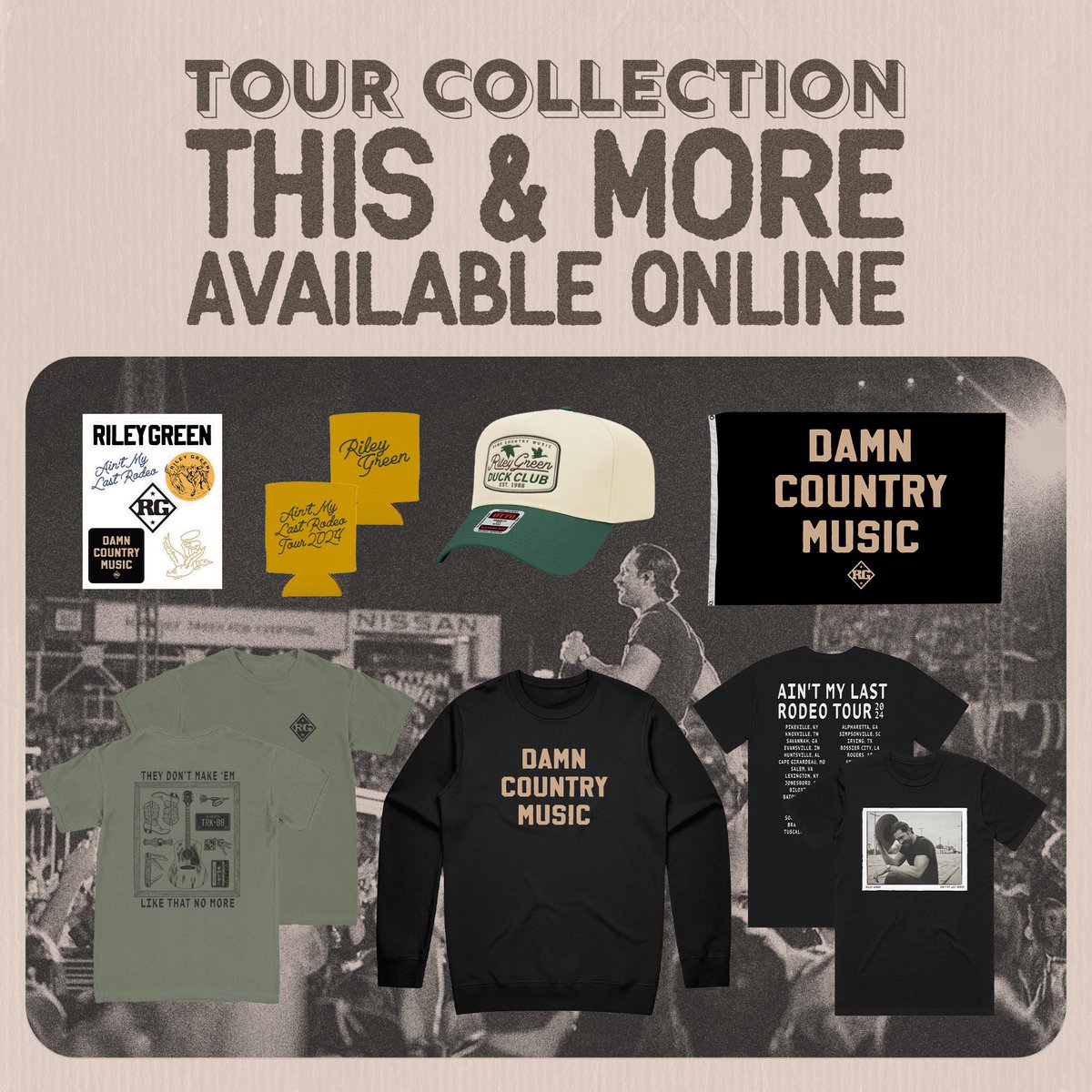 Ain’t My Last Rodeo tour kicks off tonight. If y’all wanna skip the lines at the merch booth…head to my site and go ahead and grab the tour collection there now. rileygreen.merchmadeeasy.com