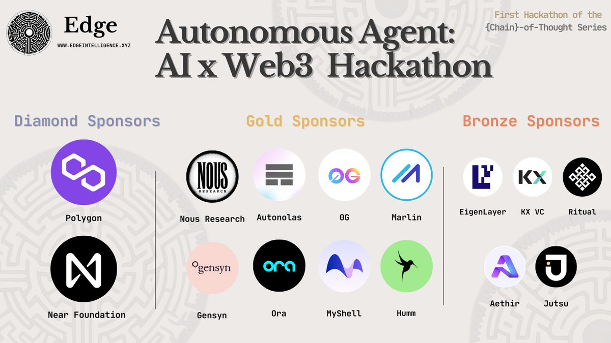 I'm thrilled to contribute to <a href="/EdgeAGI/">Edge</a>'s Autonomous Agent hackathon that kicks off in Denver next Monday, Feb 26 and runs online until Wed, Mar 7th!

Developers from around the world will have the opportunity to compete for over $10k of prizes from <a href="/gensynai/">gensyn</a>, <a href="/HyperOracle/">HyperOracle</a> (now