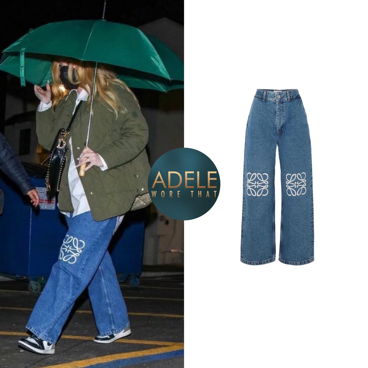 adeleworethat's tweet image. 22|2|2024 Leaving Cipriani restaurant Beverly Hills, CA

Adele wears:
Anagram baggy jeans by @loewe £825
A quilted jacket by @boss £436
Crinkle effect with white resin pearls @Dior saddle bag £4,700
Jordan 1s high retro in Mocha £128-700 (resale) 

instagram.com/p/C3q3TsCIYKj/…