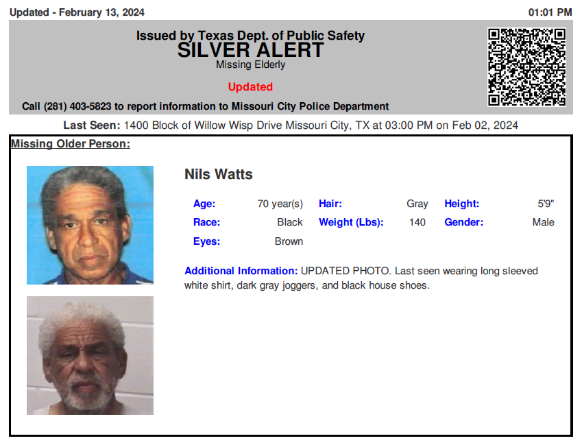 TX_Alerts's tweet photo. SILVER ALERT CONTINUES: initially issued 02/02/2024 for Nils Stanley Watts from Missouri City, TX https://t.co/uJ5F4dlLqW