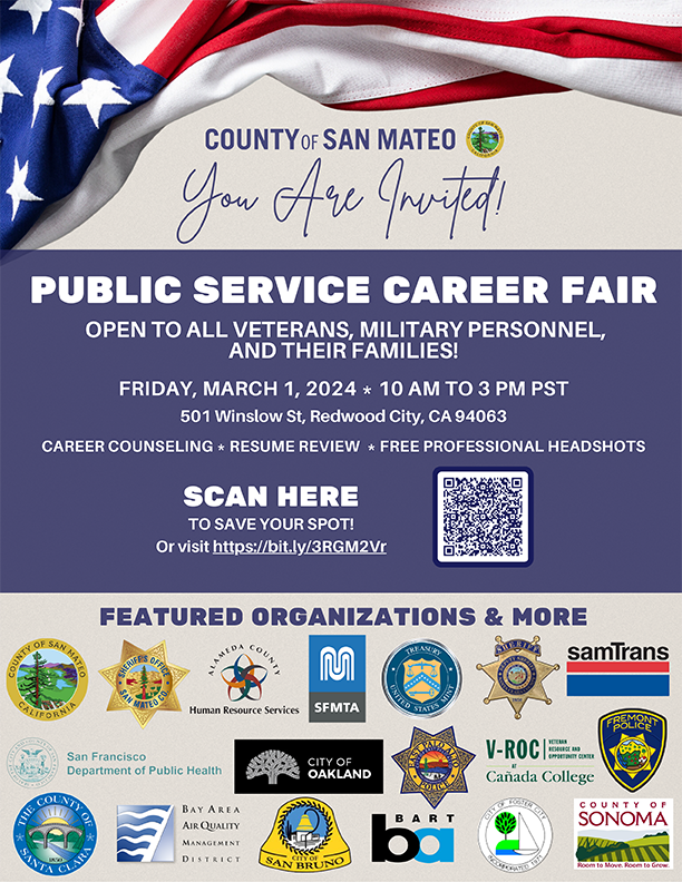 Veterans, Military Personnel & their families you are invited to a public service career fair on March 1. Connect with over 40 local employers & receive free career counseling, resume reviews & professional headshots to @sanmateco job seekers. Learn more: bit.ly/4bY6dG7