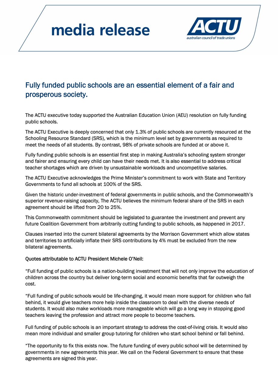 unionsaustralia's tweet photo. MEDIA RELEASE: Fully funded public schools are an essential element of a fair and prosperous society. https://t.co/DHKwX7CACg