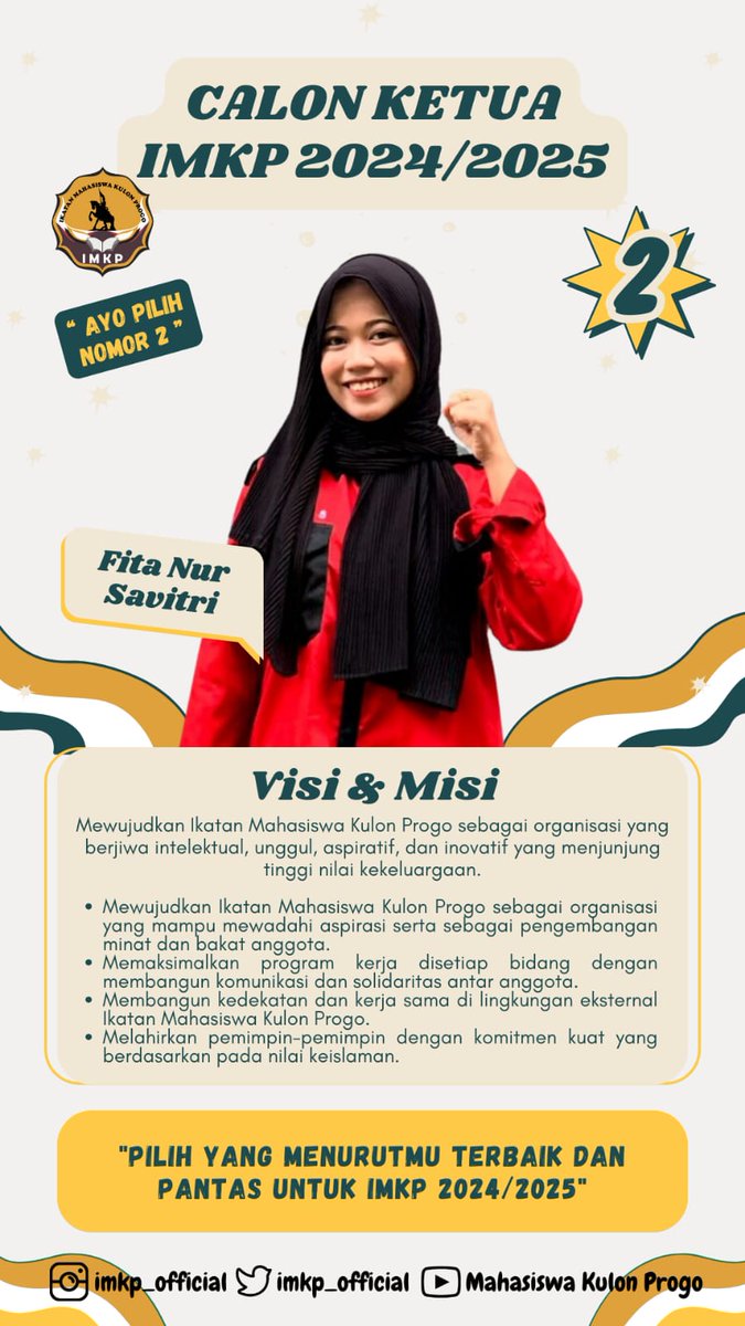 Selamat pagi teman-teman kenalin nih calon ketua IMKP periode 2024/2025. Jangan lupa beri dukungannnya ya🙌🏻 #mahasiswakp #imkp