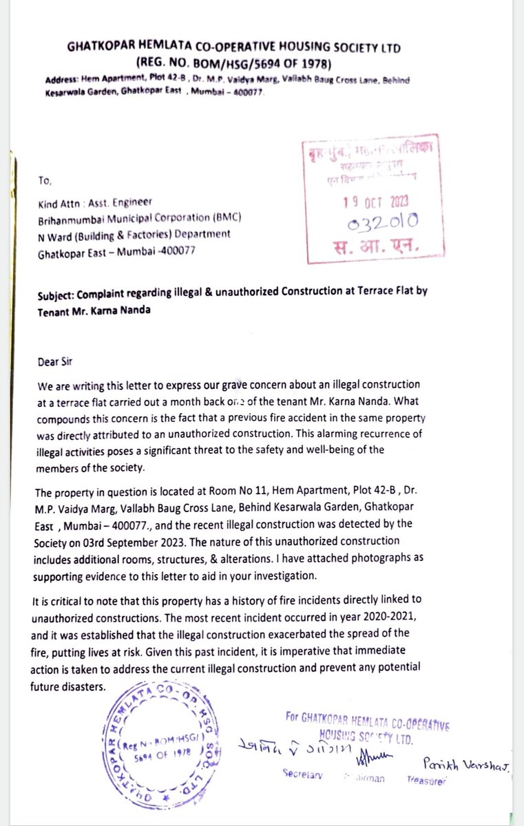 Hemapartment's tweet photo. "Hey @mybmc &amp; @mybmcWardN  it's frustrating to see no action taken on repeated complaints, both online and offline, about illegal construction on terrace by a member. This not only violates regulations but poses safety risks too.Urgent attention needed! #IllegalConstruction #BMC" https://t.co/DZCLPVFmQ7
