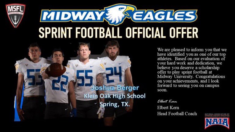 After a great talk with @ekern2 I am blessed to receive my 3rd offer from @midway_sprint @KLEINOAKFB @Coach_BCarp