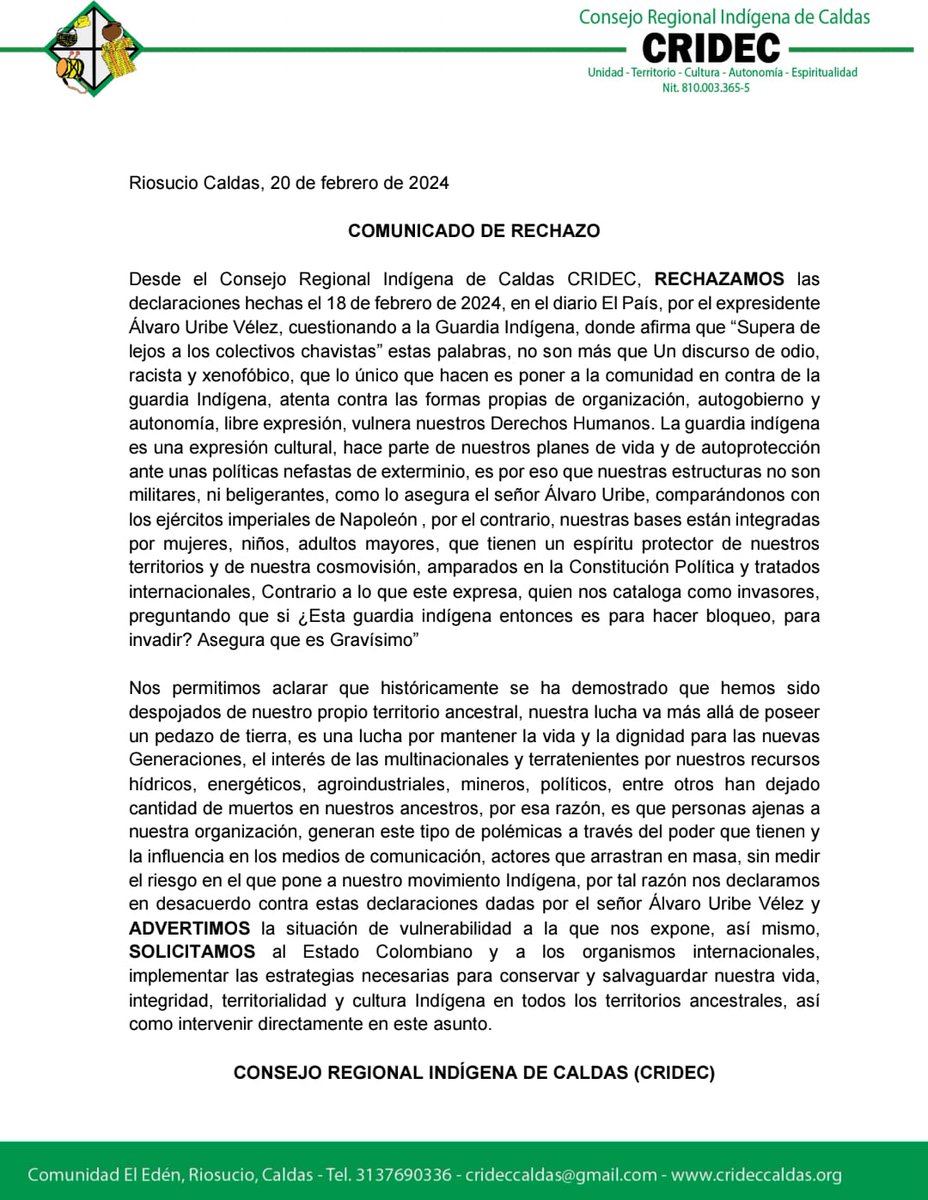 #Comunicado | El CRIDEC se pronuncia en rechazo de las declaraciones hechas por el expresidente Uribe ante el ejercicio organizativo de la Guardia Indígena @MinInterior @ONUHumanRights @DefensoriaCol