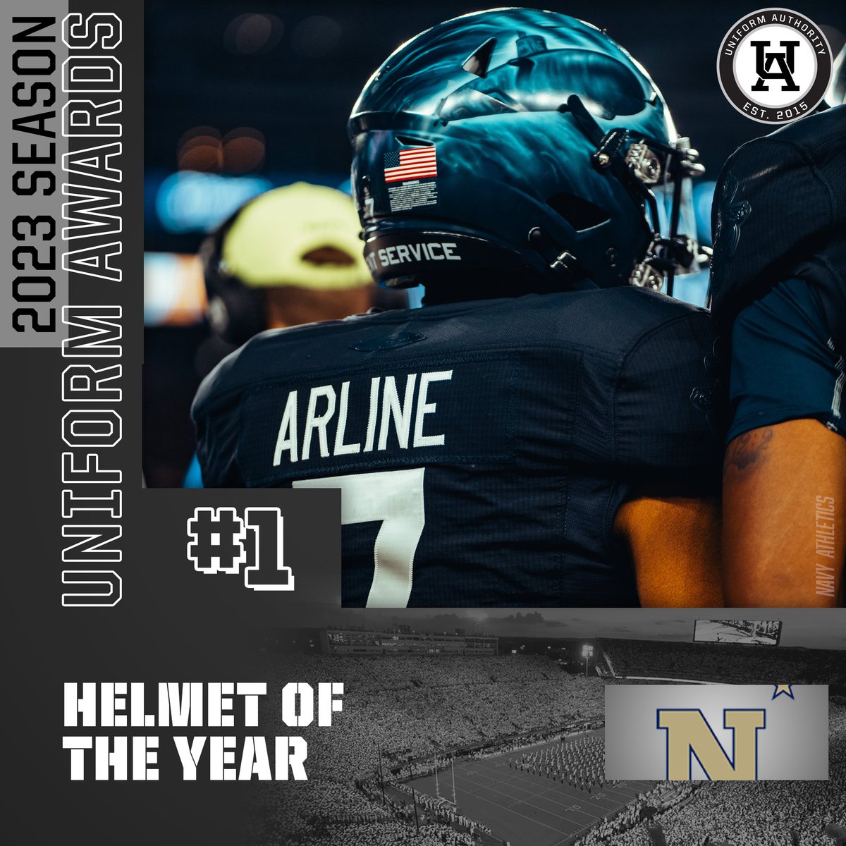 #UniAuthority Best Helmet of the 2023 College Football Season: 1. @NavyFB #UAAwards | @NavyEquipment