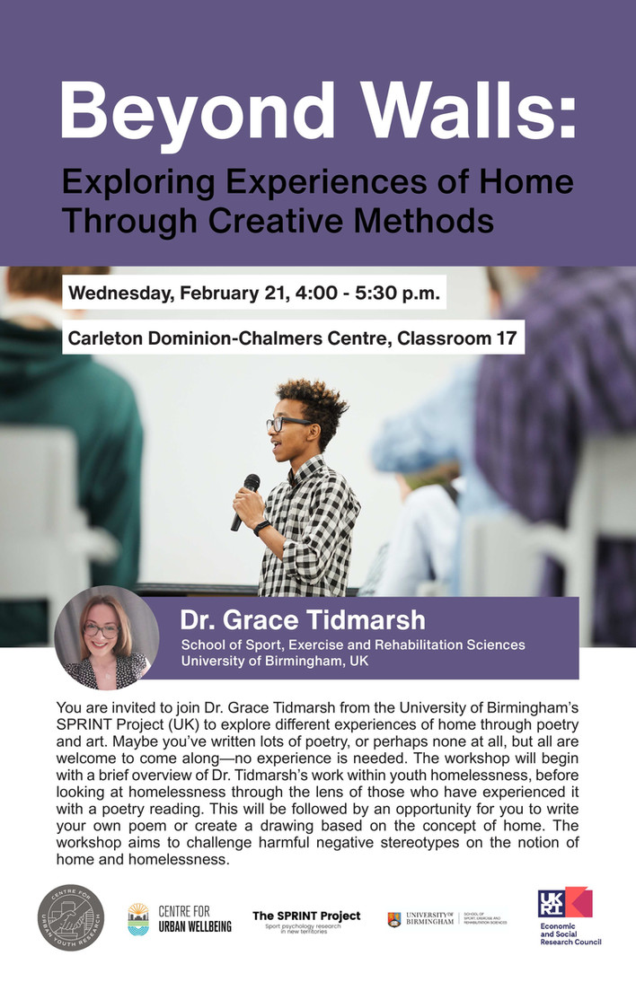 🌟 Join us tomorrow for an inspiring workshop 'Beyond Walls: Exploring Experiences of Home Through Creative Methods' with Dr. Grace Tidmarsh from the University of Birmingham. 🗓️ Feb 21 | ⏰ 4.00-5:30 pm | 📍 Carleton Dominion-Chalmers Centre, Classroom 17.