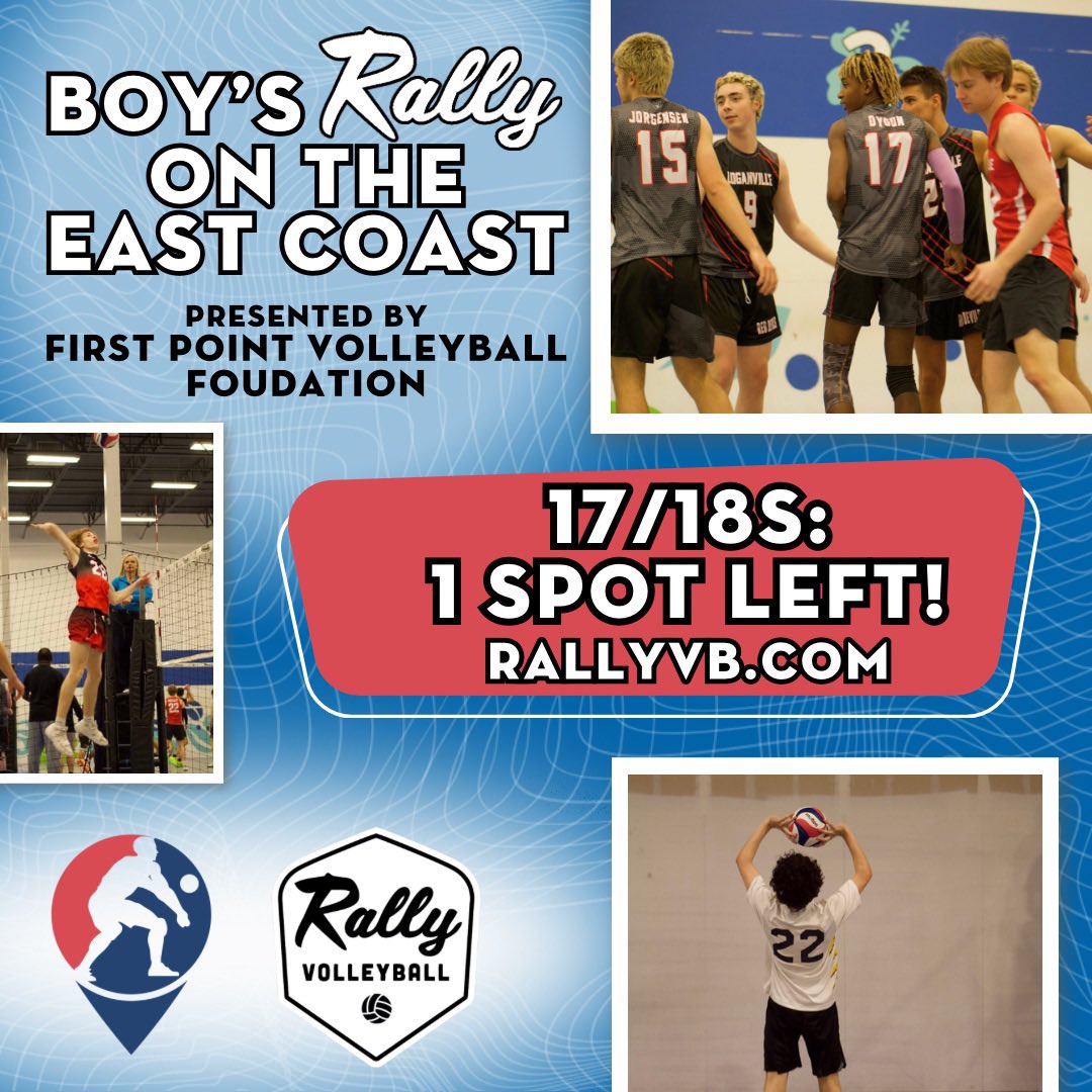 We still have spots open for BOY’S RALLY ON THE EAST COAST presented by <a href="/FirstPointVB/">FirstPointVolleyball</a> ‼️

Head to RALLYVB.COM to register! 🖊️

#RallyVolleyball  #RallyOn #ATLVolleyball