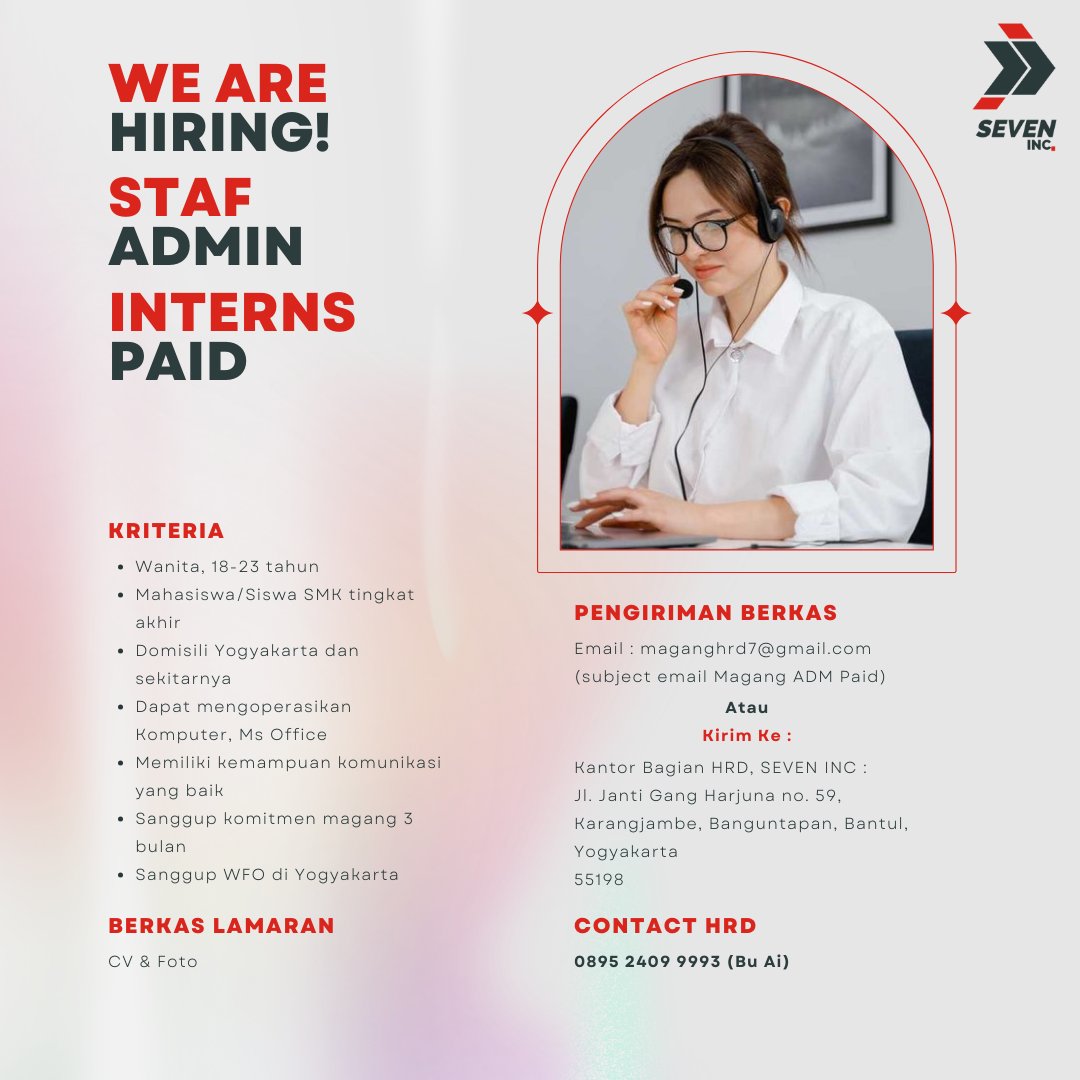 Hrd_SevenInc's tweet photo. Perkaya pengalaman kerja dengan magang di SEVEN INC JOGJA! It's Admin Interns Paid. Let's #growtogether 🚀

Ria SW
Qodari
Binus 
Grace Natalie https://t.co/v2eelIlYbn