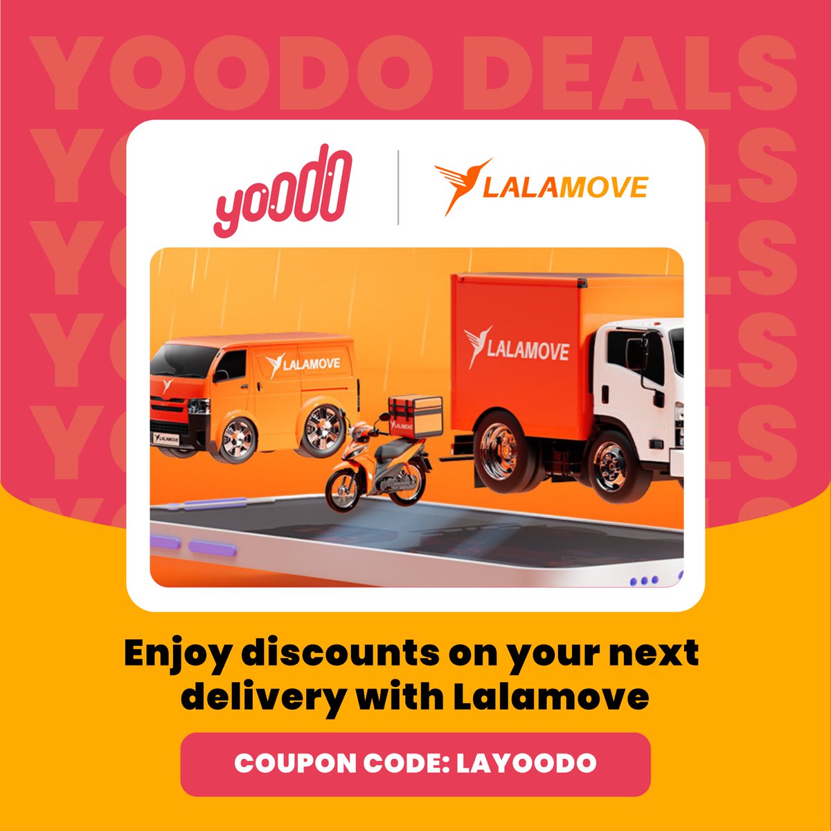 yoodoMY's tweet image. Lalamove is fast, simple, and affordable. Now, it’s even MORE affordable with this promo code from us 🚚😏

Big or small, Lalamove gotchu covered. Head to lalamove.com now!

#yoodo #yoodoyou #lalamove