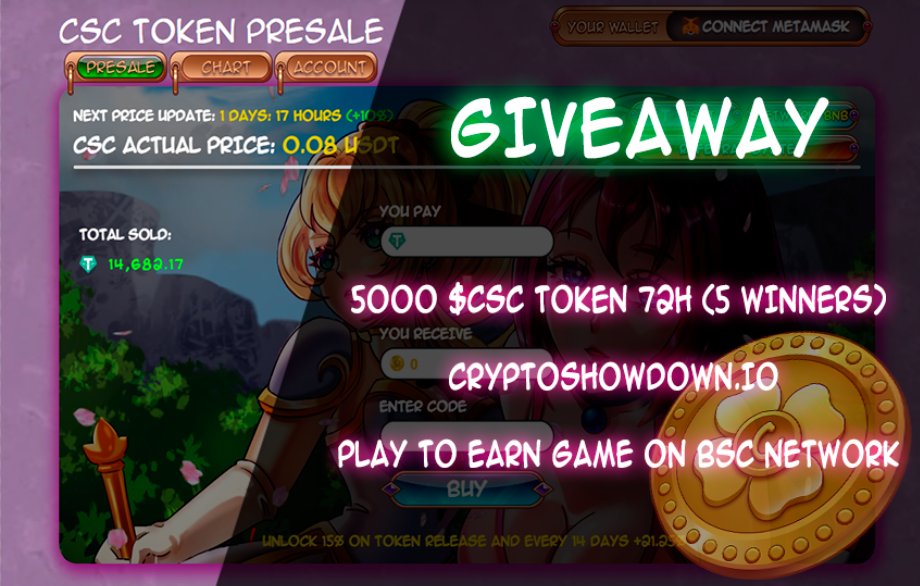 Crypto_Showdown's tweet photo. 🥳giveaway🥳

5000 $CSC TOKEN (10 winners) 72 hours. 500 $csc to each winner. 
Price per token 0.1$ on token listing (25/march/2024).

❤️RT+FOLLOW @Crypto_Showdown 

#P2E #PlayToEarn #NFT #Crypto https://t.co/km3eyQ5wJU