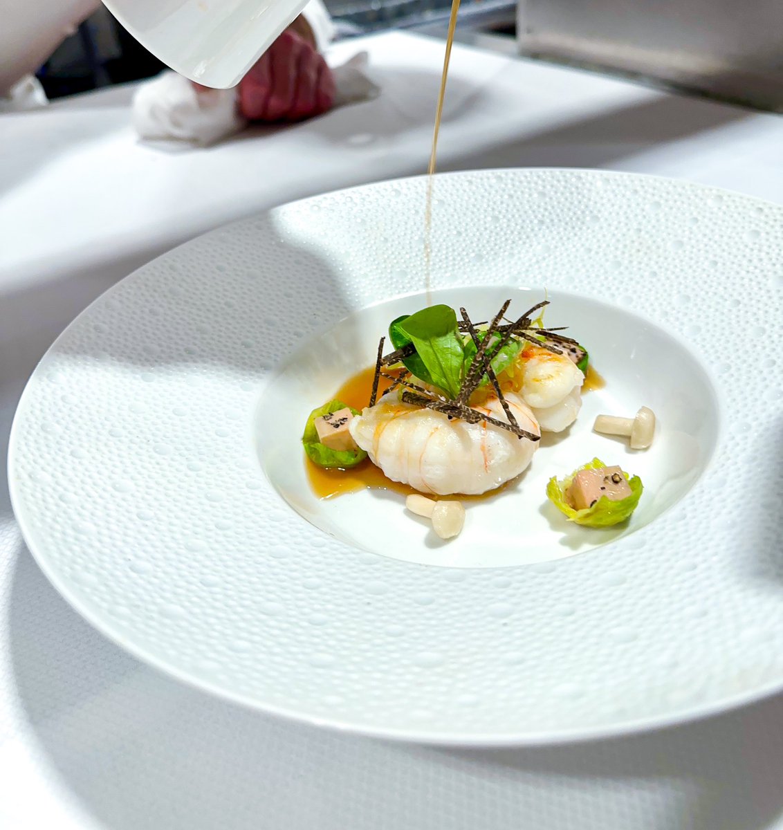 LANGOUSTINE Seared Langoustine; Foie Gras-Cabbage Confit, Truffled Consommé @LeBernardinNY