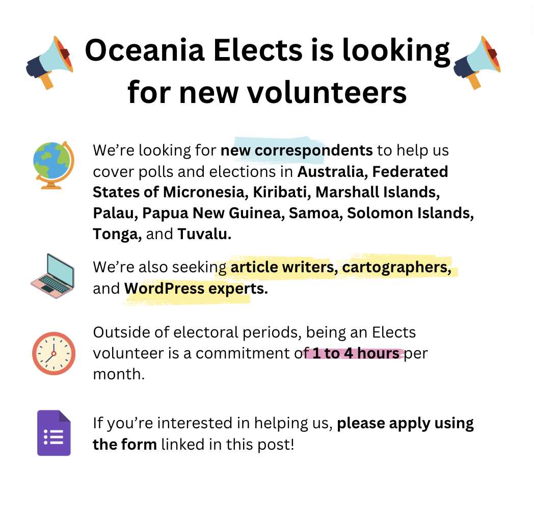 🏝 Oceania Elects is seeking new volunteers! 🌊 🇦🇺🇫🇲🇰🇮🇲🇭🇵🇼🇵🇬🇼🇸🇸🇧🇹🇴🇹🇻 Please see below for details & if interested, fill out the linked form! 🥳 We encourage women, gender, non-conforming people, and other under-represented groups in politics to apply 🐚 forms.gle/HNkbnAYGQy9ygq…
