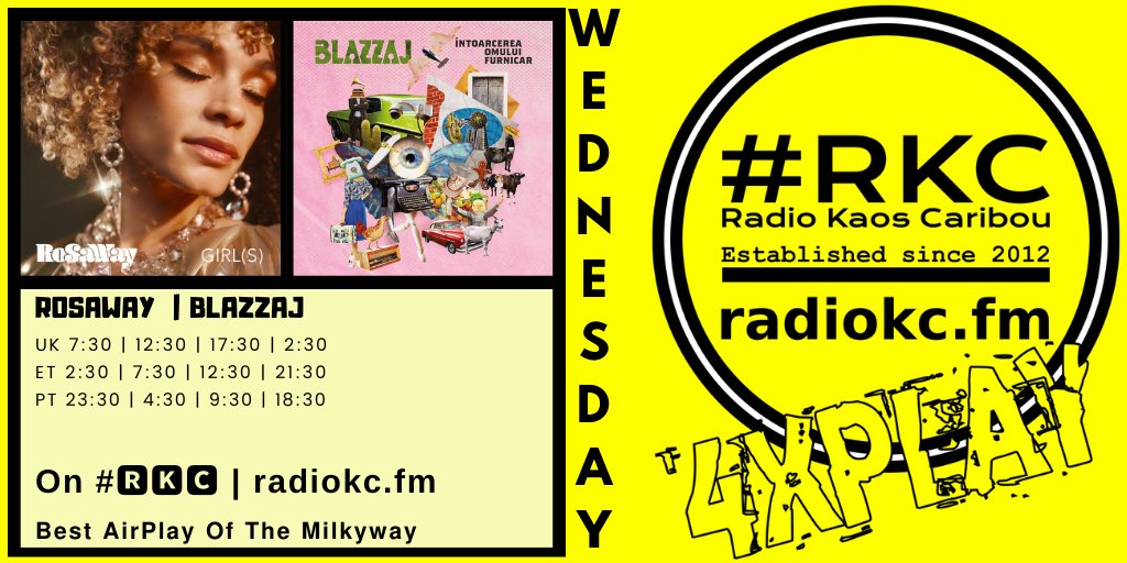▂▂▂▂▂▂▂▂▂▂▂▂▂▂
#WEDNESDAY 2│21 𝟰𝘅𝗣𝗟𝗔𝗬𝗦

Last 3
🕧12:30⚪17:30⚪2:30 UK

🔴<a href="/ROSAWAYmusic/">ROSAWAY</a>
🔴Blazzaj

⬇️Details⬇️
🌐 fb.com/RadioKC/posts/…

on #🆁🅺🅲 📻 radiokc.fm
▂▂▂▂▂▂▂▂▂▂▂▂▂▂