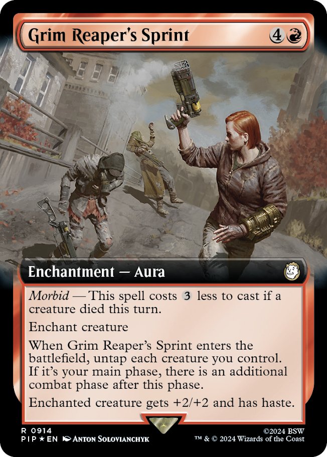 We have a winner! Behold Grim Reaper's Sprint! An awesome way to restore your creature's AP! Thank you to @wizards_magic for letting us preview these free #mtgxfallout cards!