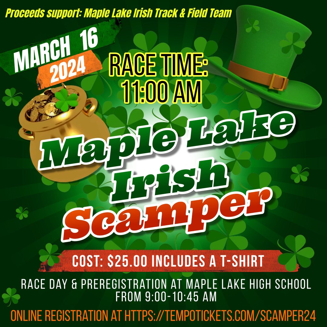 ☘️Irish Scamper info! Mark your calendar. Sign up today online or sign up day of race early. Link to pre register: tempotickets.com/scamper24