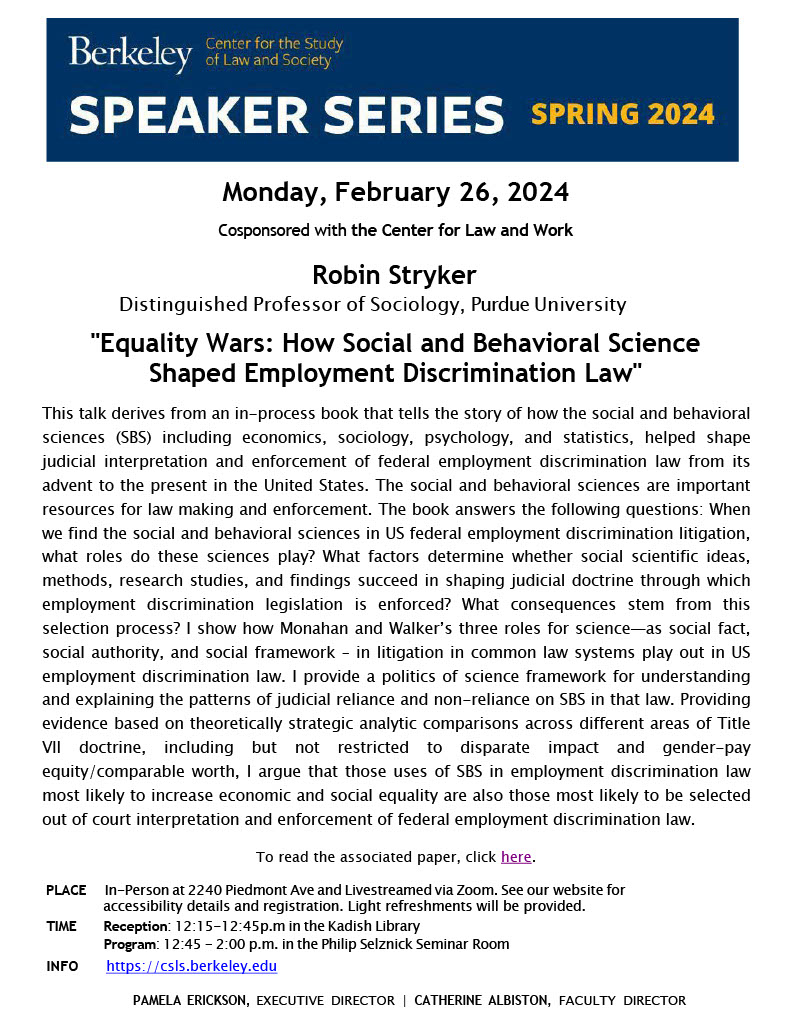 We invite you to join us for our upcoming Speaker Series event: 'Equality Wars: How Social and Behavioral Science Shaped Employment Discrimination Law,' held In-Person and Livestreamed via Zoom, Monday 2/26. Registration and accessibility details: rb.gy/pltjm