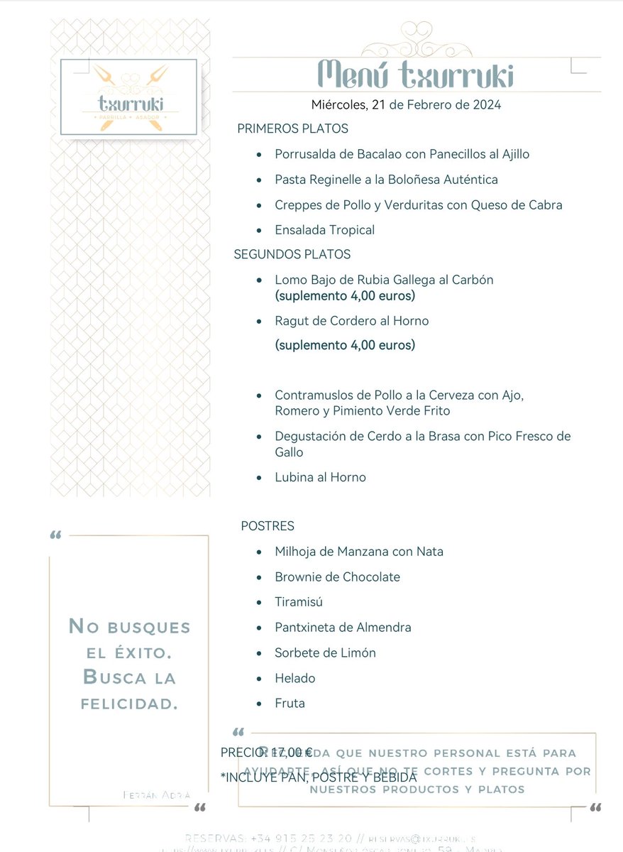 Txurruki_Rest's tweet photo. Menu Miercoles 21 Febrero.
Reservas 915252320. https://t.co/sN93aF5JmX