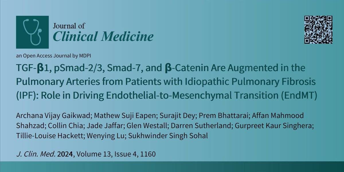 Pleased to share recent work from our research group reporting TGF-β1, pSmad-2/3, Smad-7, and β-Catenin signalling pathways in the pulmonary arteries from patients IPF and their potential role in driving EndMT.
Link to paper - mdpi.com/2077-0383/13/4…