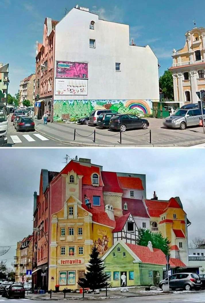 tusmedios's tweet photo. 5. El lateral de un edificio antes y después de un trabajo de pintura absolutamente increíble. https://t.co/Wy35Mli7E4
