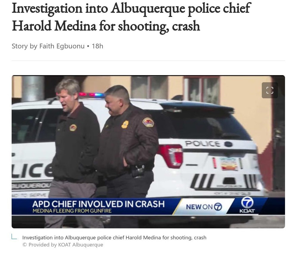 ABQ Police Chief Medina crashed into a car while fleeing from alleged gunfire. Which is not a surprise. Cops are encouraged to be cowards. #RememberUvalde

Weird thing is the mayor was the mayor framed it like Medina is a hero and no one laughed.