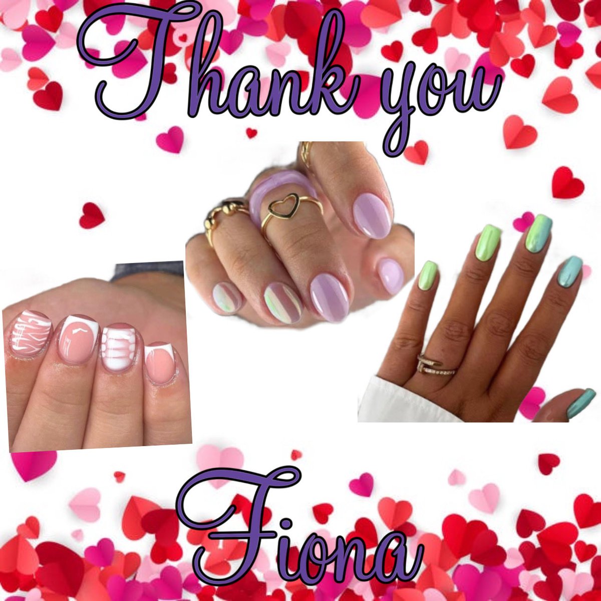 Thank you for you order Fiona. Such pretty sets of nails, I can’t wait for you to receive them in the mail 😁

Always appreciated 
               Xoxo 🩷￼ #PI #Thankyou #PressOnNails #AppreciationPost #PrettyIndividuals #ThankYouPicture #Nails #SmallBussiness #ThankYouFiona