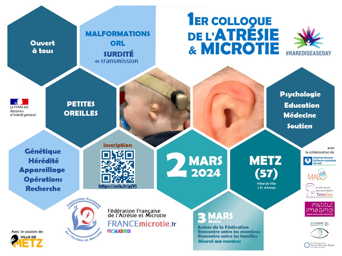 inscription au Colloque : urlz.fr/pjYi
#Atrésie #Microtie 1er colloque à #Metz 57
Le Sam 2 mars 2024 de 8h30 - 18h
#malformationOreille #ORL