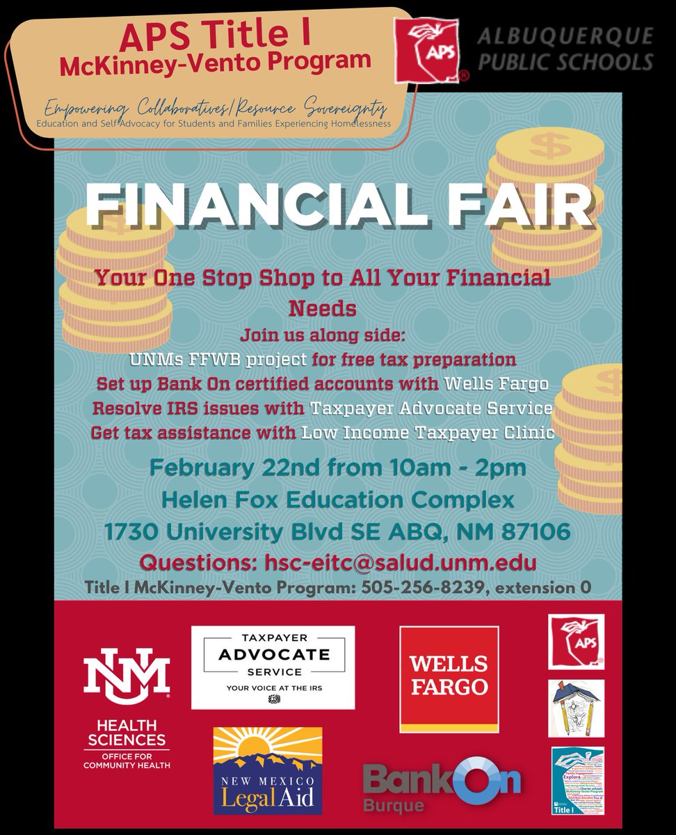 NMWorkforce's tweet image. Join APS, UNM, and NM Workforce Connection for a resource-packed Financial Fair.

Visit the fair to learn about all the tax, finance, and career support resources we have for you.

#financialfair #nmworkforceconnection #communityevent #albuquerque #communitysupport