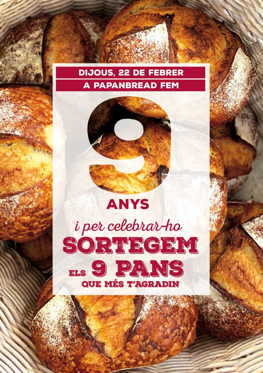PaPanBread's tweet photo. ‼️Dijous 22 de Febrer a PaPanBread fem 9 ANYS🥰🎂🎉‼️

I per celebrar-ho SORTEGEM els 9 PANS que més t’agradin!!❤️

📝PER PARTICIPAR:
1.SEGUIR a PaPanBread.
2.Posar "M'AGRADA" i COMPARTIR aquesta publicació.

El sorteig es tancarà el dissabte dia 24 de Febrer a les 14:00h!🤗 https://t.co/GgYnffMiGq