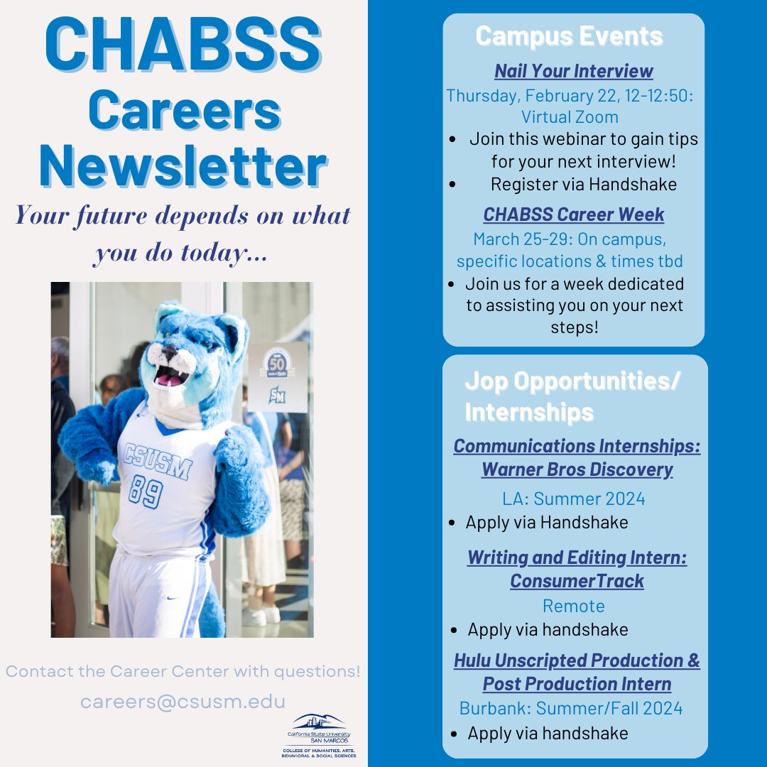 csusm_chabss's tweet image. Introducing our CHABSS Careers Newsletter, where we provide opportunities for Cougars to succeed. We are here to support you on your journey!