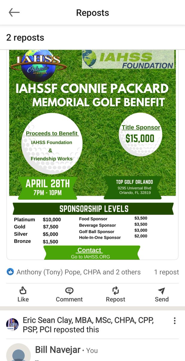 Sponsorships still available for the <a href="/IahssF/">IAHSSFoundation</a> Connie Packard Memorial Golf Benefit. Huge Thank you to <a href="/iahss/">IAHSS</a> President <a href="/EricSClay/">Eric Sean Clay</a> and the <a href="/iahss/">IAHSS</a> Floridia Chapter Leaders for putting this all together
 iahss.org/store/ListProd…