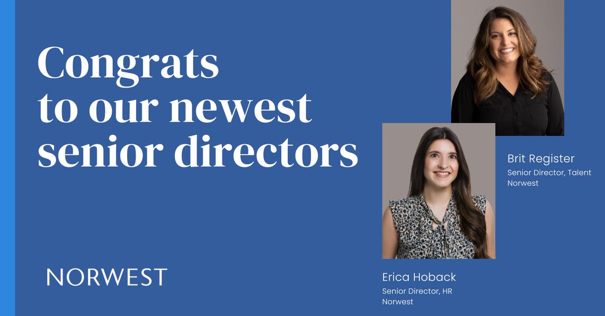 ⚡ Congratulations to Brit Register and Erica Hoback on their promotions to Senior Directors at Norwest! Brit’s approach to portfolio talent acquisition and Erica’s commitment to supporting Norwest employees truly embody the firm’s values. Let’s hear it again for Brit and Erica!
