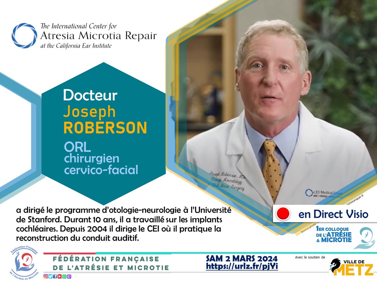 inscription au Colloque : urlz.fr/pjYi #Atrésie #Microtie 1er colloque à #Metz 57 Le Sam 2 mars 2024 de 8h30 - 18h #malformationOreille #ORL